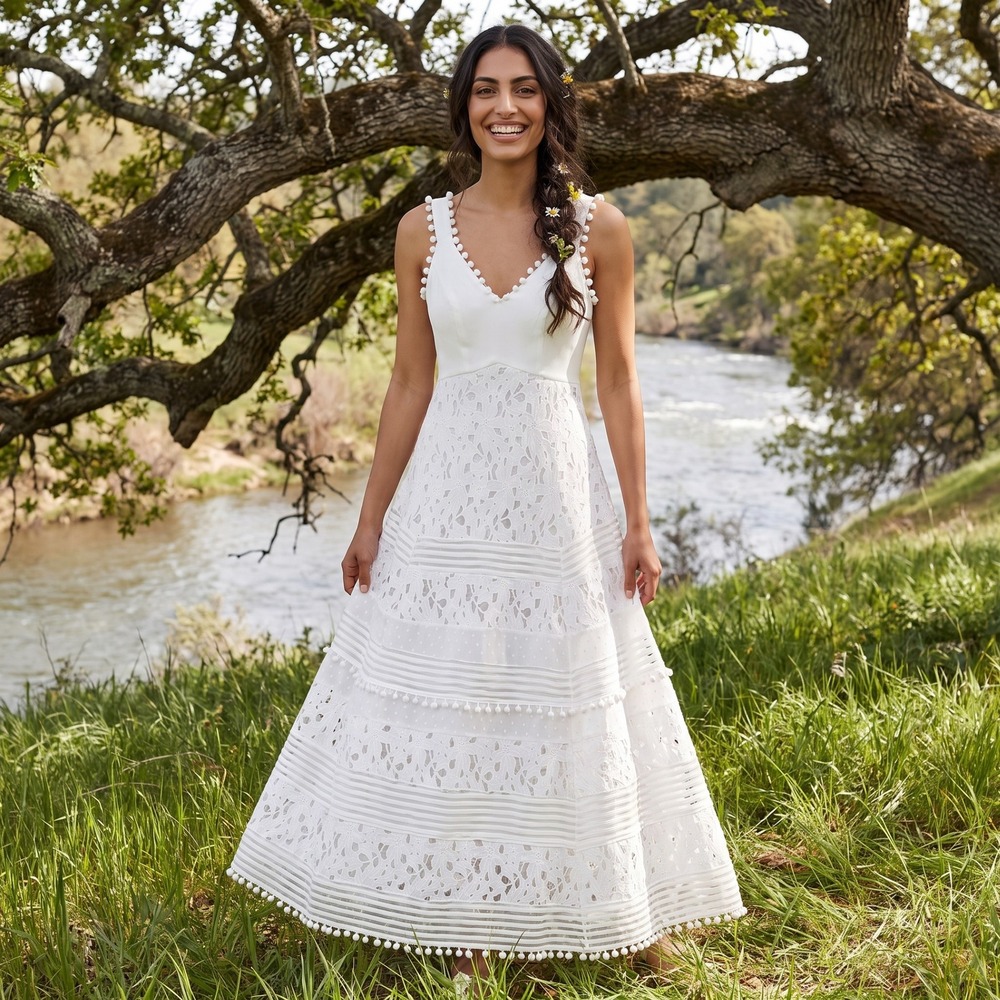Boston Proper Maxi Dress Womens XXS White Floral Lace Pom Pom Bridal Romantic